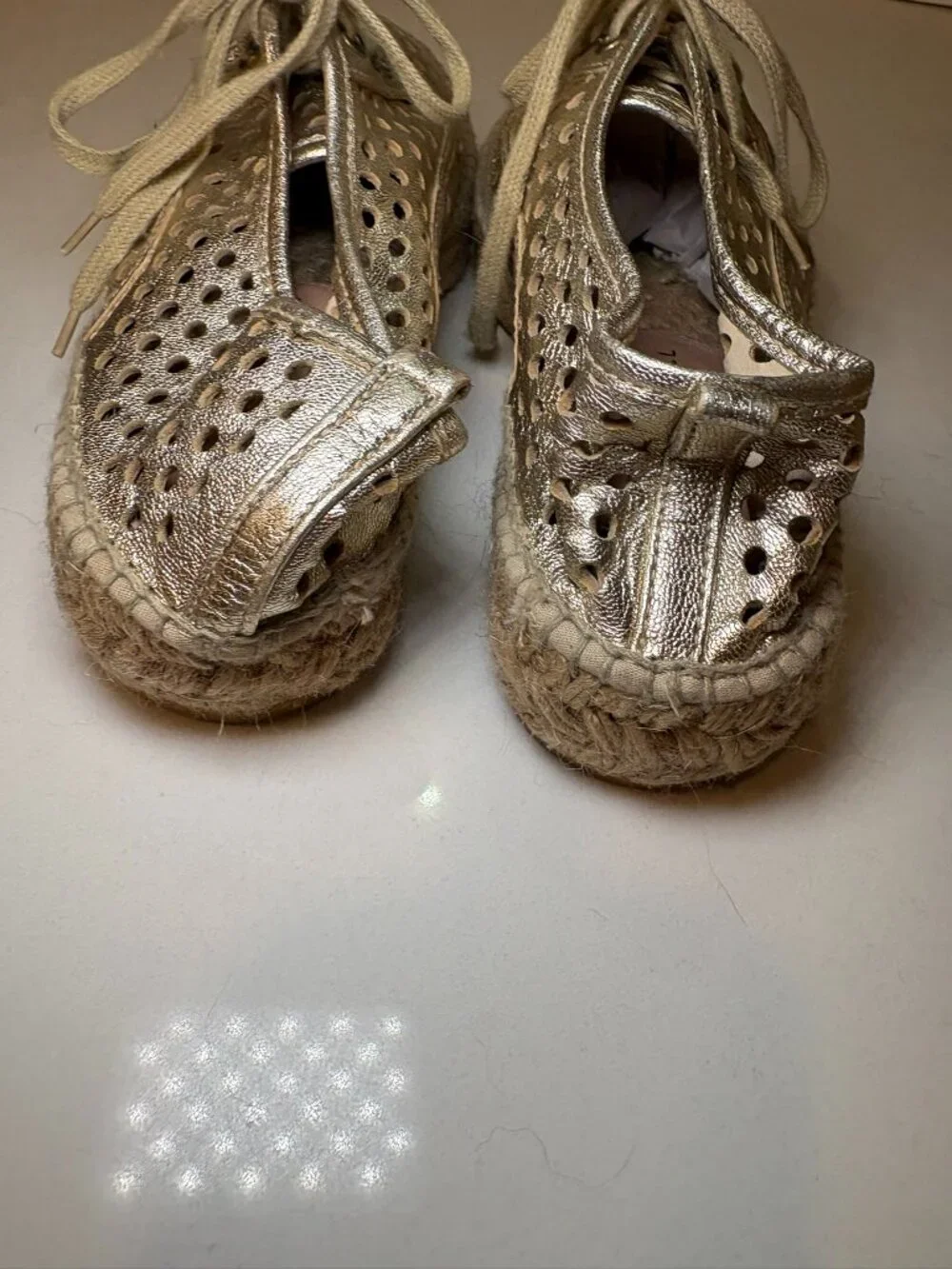 Loeffler Randall Rowan Metallic Gold Perforated Leather Espadrille Flats 36 6